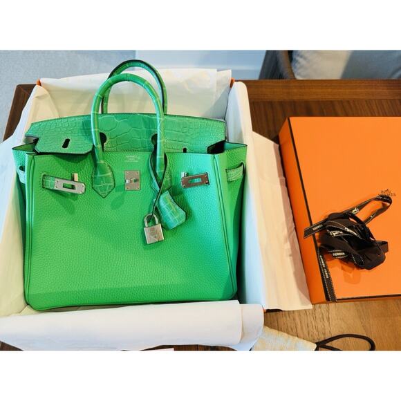 Hermes Birkin 25 Touch Bag Togo Vert Comics Green Alligator Palladium 2024 New - Picture 1 of 16